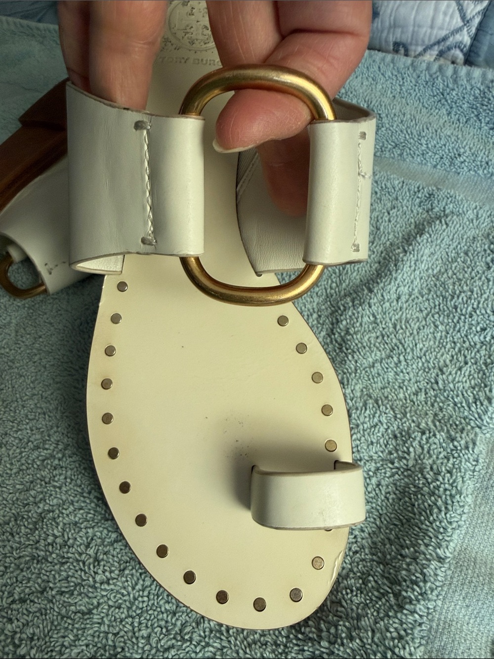 Tory Burch Cream Leather Slide Sandals with Gold Ring Accent - Picture 6 of 13